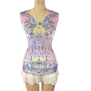 Fairy Boho Apt 9 Sleeveless Henley Paisley Studded Medallion Tank Sz L XL Y2K